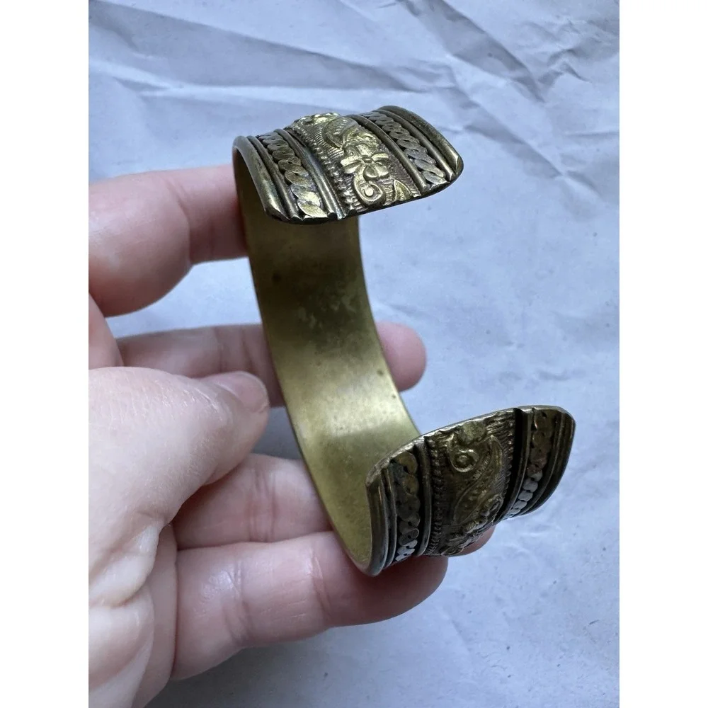 Vintage Brass Cuff  Bracelet bohemian or ethnic aesthetic embossed floral design